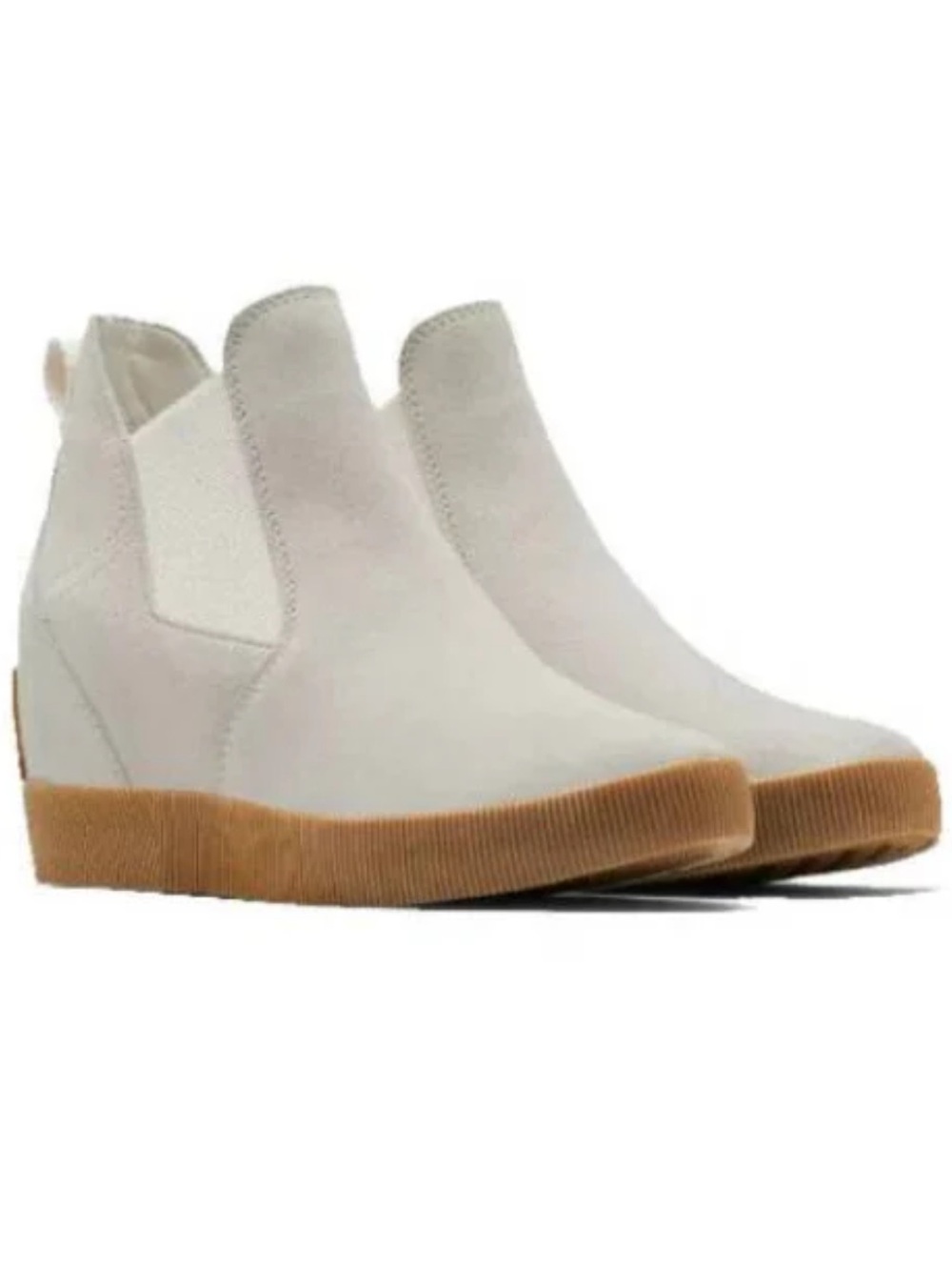 Sorel White Suede Out N About Wedge Booties with Tan Rubber Sole New 8 M